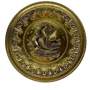 Vintage Brass Wall Hanging Plaque Sailing Ship